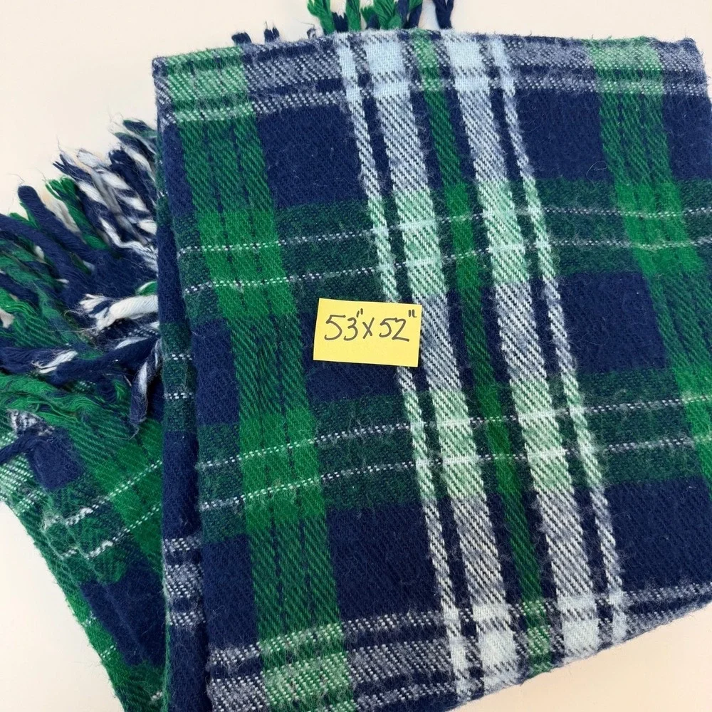 Faribault Woolen Mill  Blue‎ Green White Plaid WOOL Throw Blanket 53